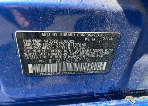 2020 Subaru Wrx из США, поврежденный, VIN JF1VA1A64L9821555